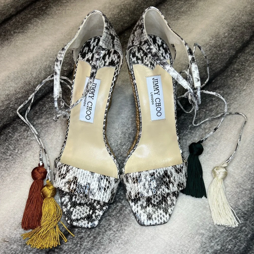 Jimmy Choo Deva 85 mm Roccia Snakeskin Print Leather Mix Tassel Espadrile Wedge